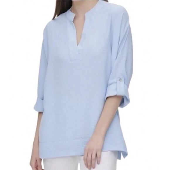 Calvin Klein Size Medium Roll Sleeve V-Neck Blouse Blue Workwear Office Siren - Picture 1 of 10